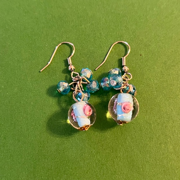 Aqua Color Crystal Beaded Triple Strand Necklace with Glass Bead Earrings - Picture 4 of 7